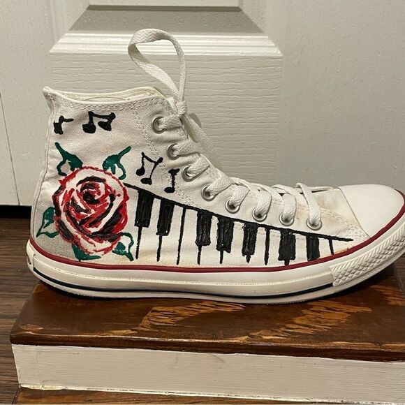 Converse Custom Painted Rose Music Piano Sneakers White Red Green Men 10 Wom 12 - Picture 3 of 14